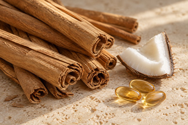 Ceylon cinnamon quills, coconut and softgels on a warm stone surface
