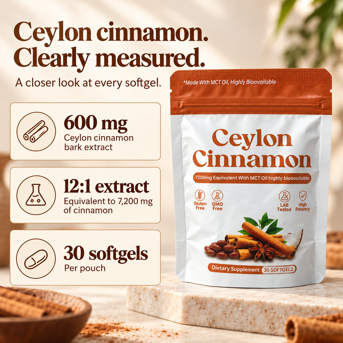 600 mg Ceylon cinnamon extract, 12:1 extract equivalent to 7,200 mg cinnamon, 30 softgels per pouch.