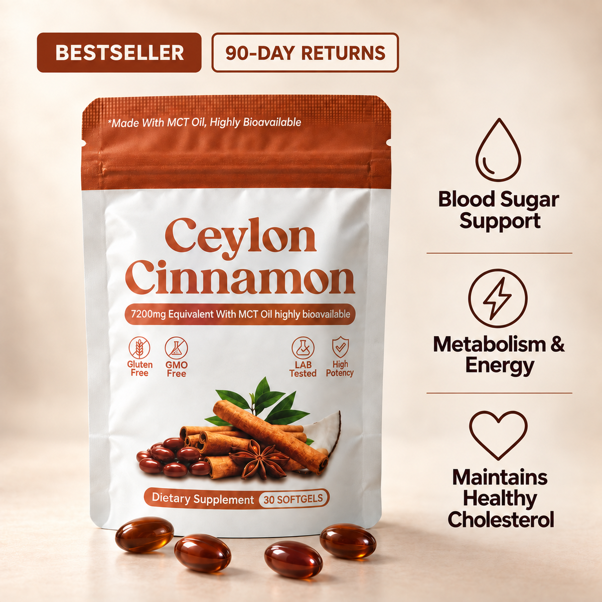 Ruxton Ceylon Cinnamon pouch with softgels, benefit callouts, Bestseller and 90-Day Returns badges.