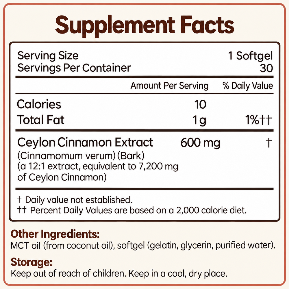 Supplement Facts: 1 softgel serving, 30 servings, 600 mg Ceylon cinnamon extract. Reproduction of supplied label.