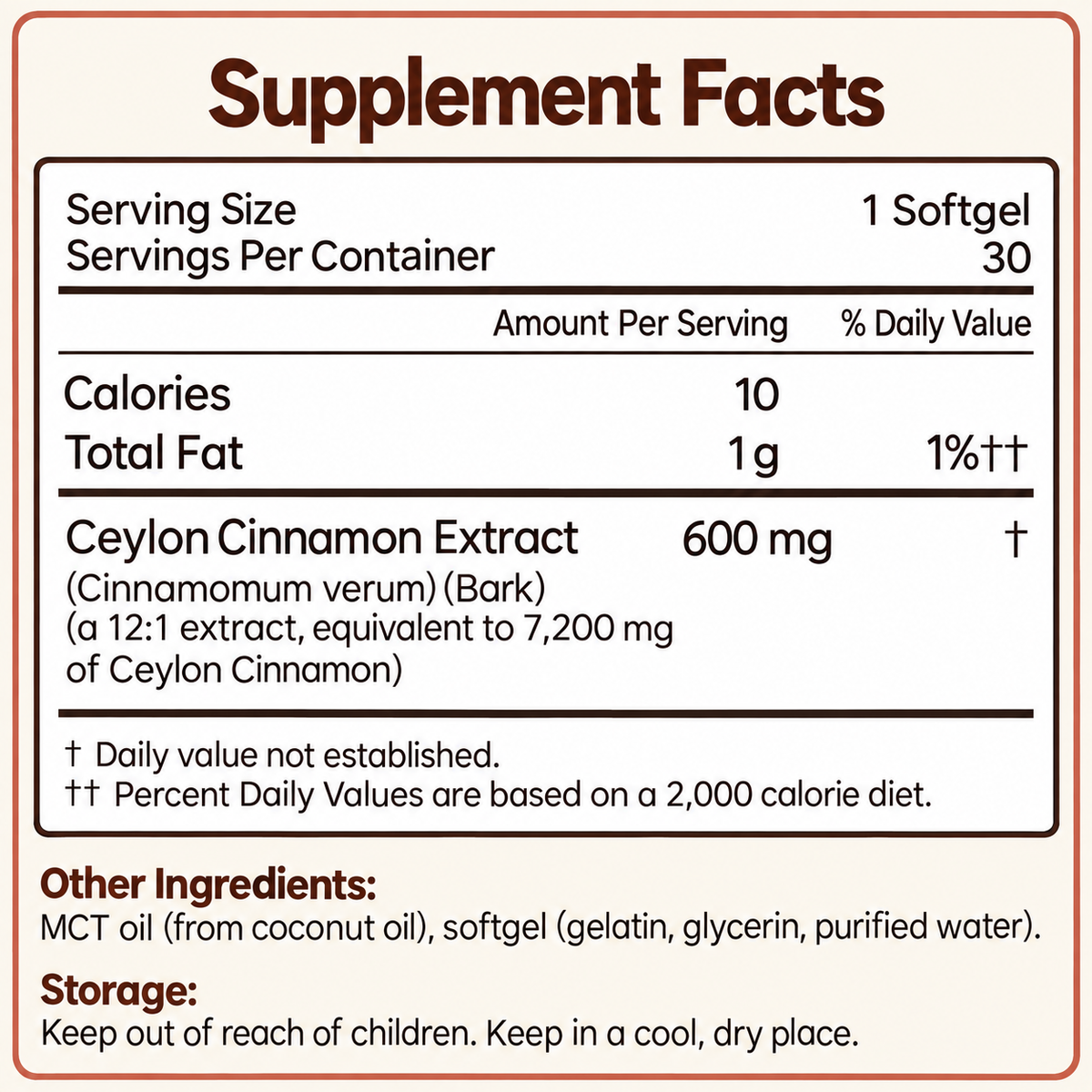 Supplement Facts: 1 softgel serving, 30 servings, 600 mg Ceylon cinnamon extract. Reproduction of supplied label.