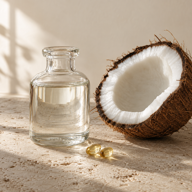 Coconut, clear oil and amber softgels on a cream stone surface