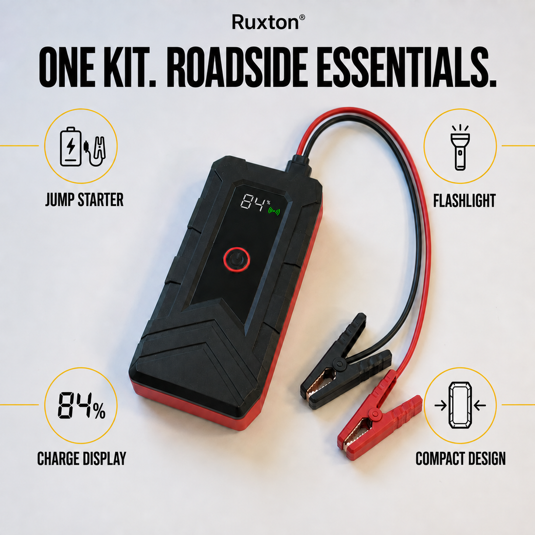 Roadside essentials: jump starter, flashlight, charge display and compact design