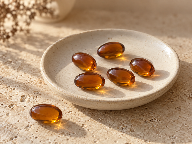 Amber softgels on an ivory dish in natural light